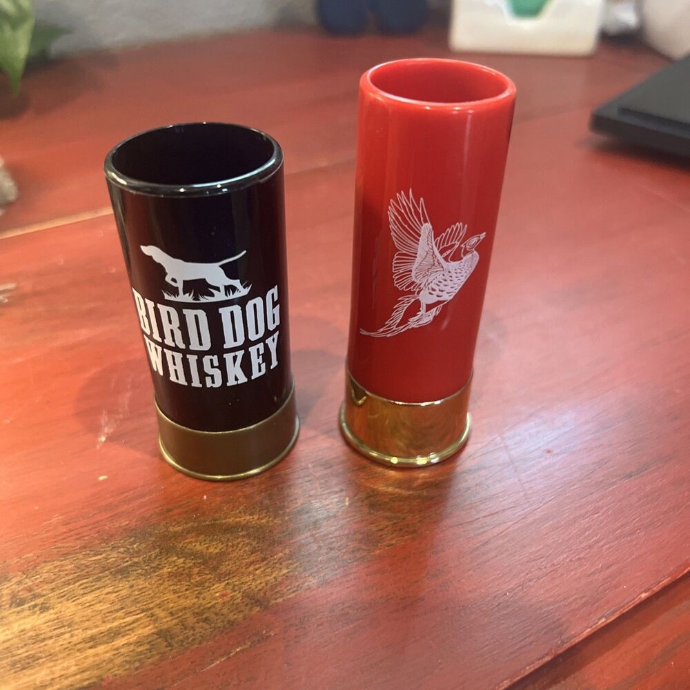 2 Vintage BIRD DOG WHISKEY Promotional 12 GA SHOTGUN Shell Shot Glasses RED